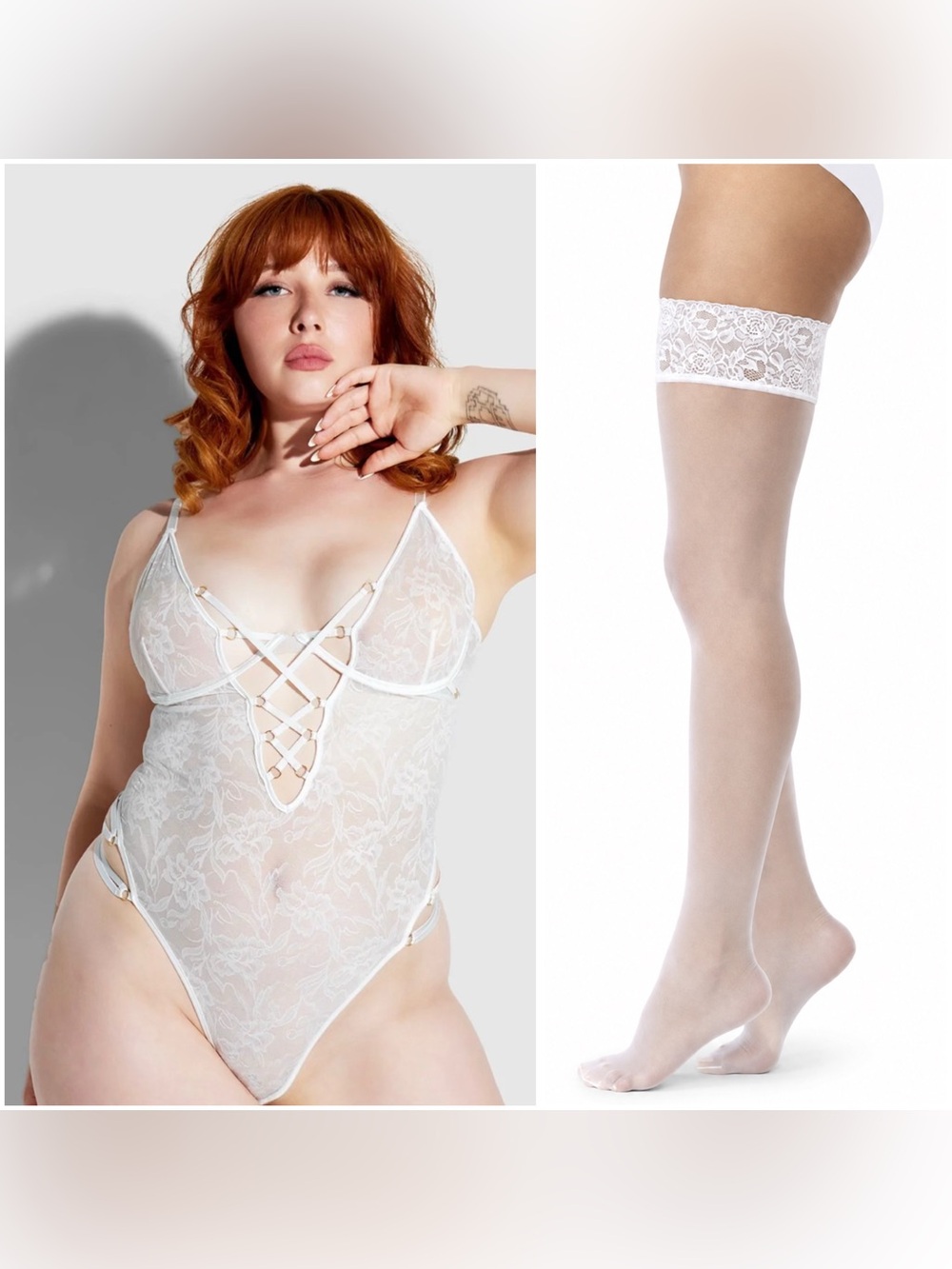 NEW FOH DAHLIA STRAPPY LACE TEDDY (WHITE / LARGE) & JOYSPUN THIGH HIGH STOCKINGS